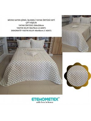 MİCRO SATEN ŞÖNİL İŞLEMELİ ÇİFT KİŞİLİK YATAK ÖRTÜSÜ SETİ KREM 8696474231906
